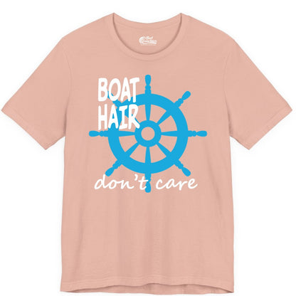 Boat Hair Don't Care Shirt - Funny Nautical T-Shirt for Boaters (Premium Tee) in Peach - Boat Hair Don't Care Nautical Wheel Shirt for Lake and Marina