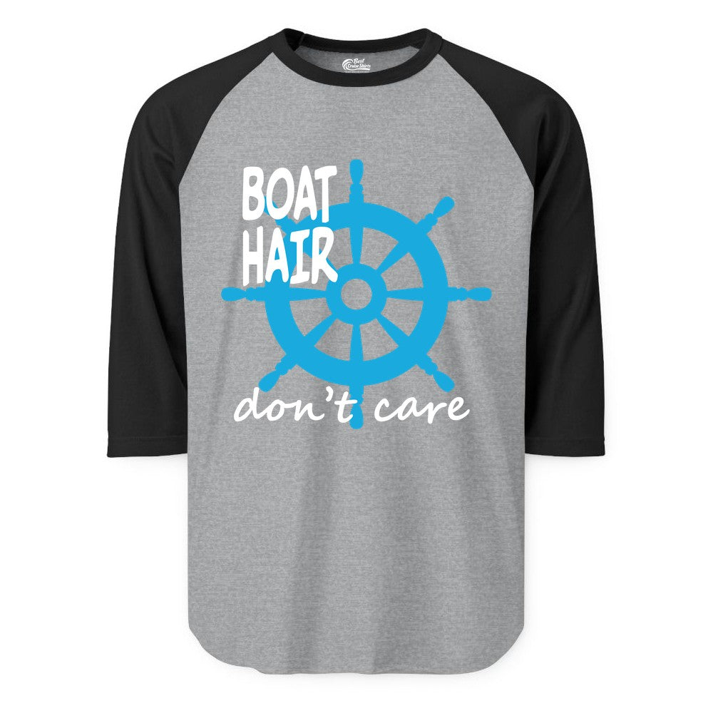 Boat Hair Don't Care Shirt - Funny Nautical T-Shirt for Boaters (Raglan) in Heather GreyBlack - Boat Hair Don't Care Nautical Wheel Shirt for Lake and Marina