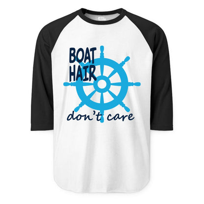 Boat Hair Don't Care Shirt - Funny Nautical T-Shirt for Boaters (Raglan) in WhiteBlack - Boat Hair Don't Care Nautical Wheel Shirt for Lake and Marina