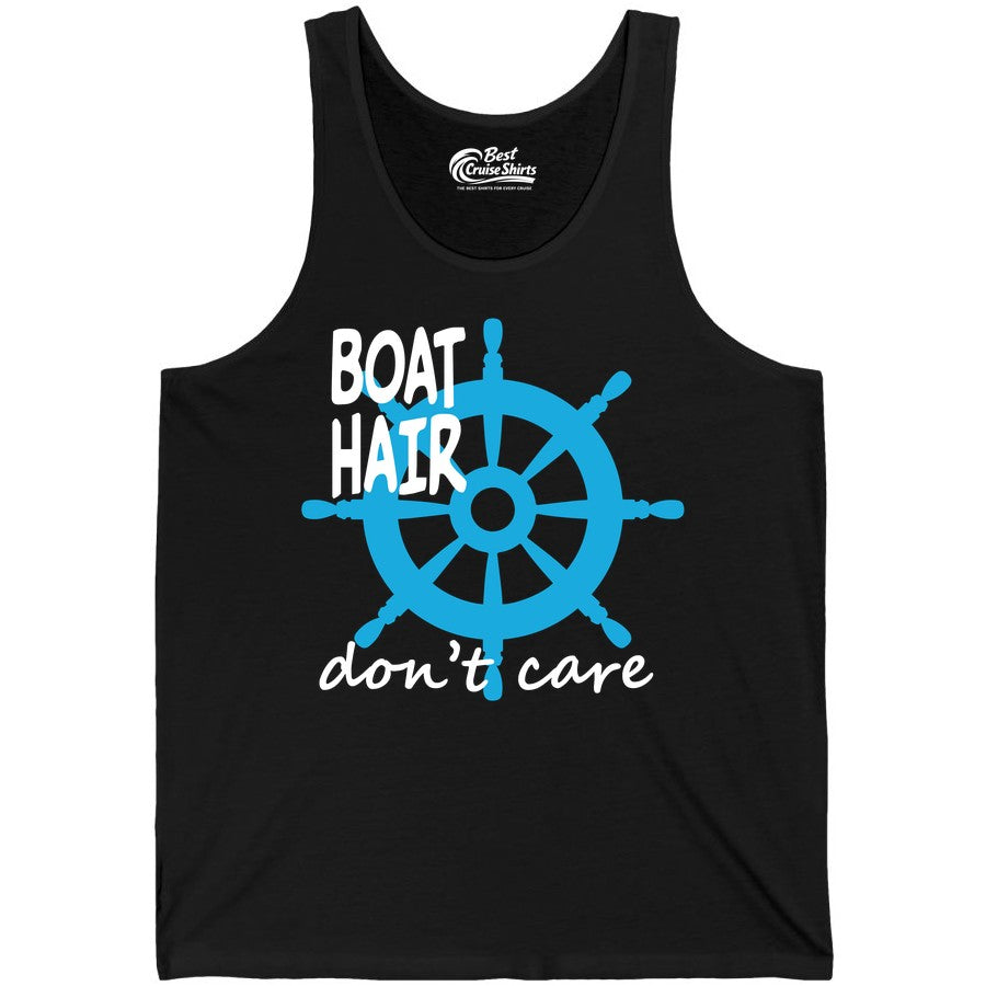 Boat Hair Don't Care Shirt - Funny Nautical T-Shirt for Boaters (Tank Top) in Black - Boat Hair Don't Care Nautical Wheel Shirt for Lake and Marina