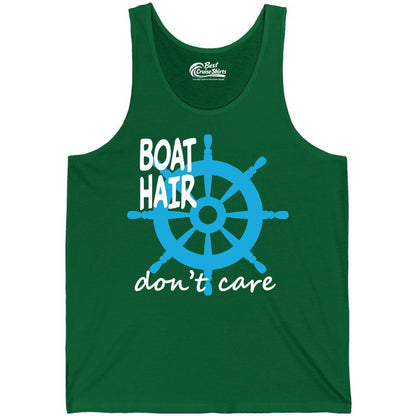 Boat Hair Don't Care Shirt - Funny Nautical T-Shirt for Boaters (Tank Top) in Kelly - Boat Hair Don't Care Nautical Wheel Shirt for Lake and Marina