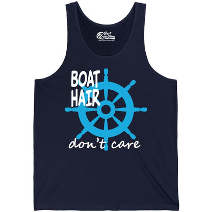 Boat Hair Don't Care Shirt - Funny Nautical T-Shirt for Boaters (Tank Top) in Navy - Boat Hair Don't Care Nautical Wheel Shirt for Lake and Marina