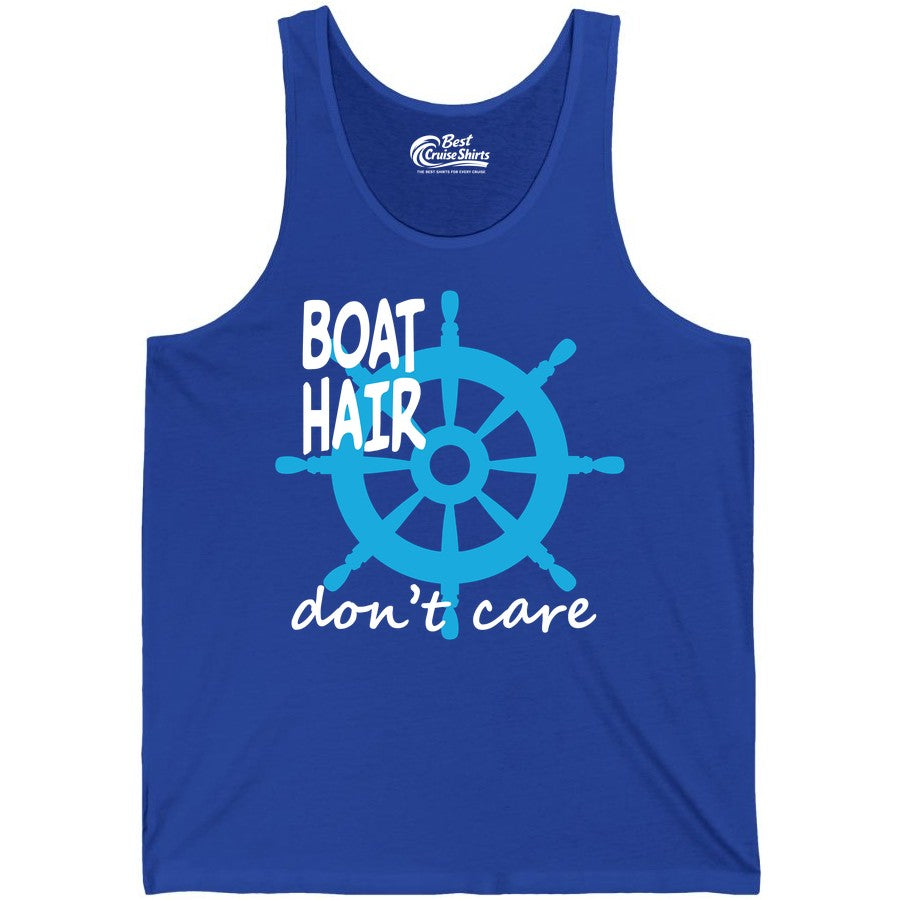 Boat Hair Don't Care Shirt - Funny Nautical T-Shirt for Boaters (Tank Top) in True Royal - Boat Hair Don't Care Nautical Wheel Shirt for Lake and Marina