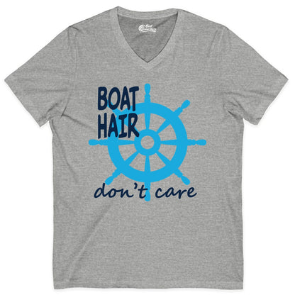 Boat Hair Don't Care Shirt - Funny Nautical T-Shirt for Boaters (V-Neck) in Athletic Heather - Boat Hair Don't Care Nautical Wheel Shirt for Lake and Marina