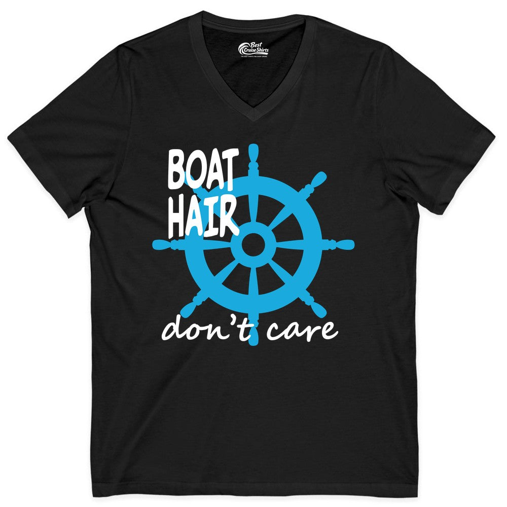 Boat Hair Don't Care Shirt - Funny Nautical T-Shirt for Boaters (V-Neck) in Black - Boat Hair Don't Care Nautical Wheel Shirt for Lake and Marina