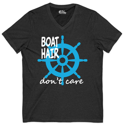 Boat Hair Don't Care Shirt - Funny Nautical T-Shirt for Boaters (V-Neck) in Dark Grey Heather - Boat Hair Don't Care Nautical Wheel Shirt for Lake and Marina