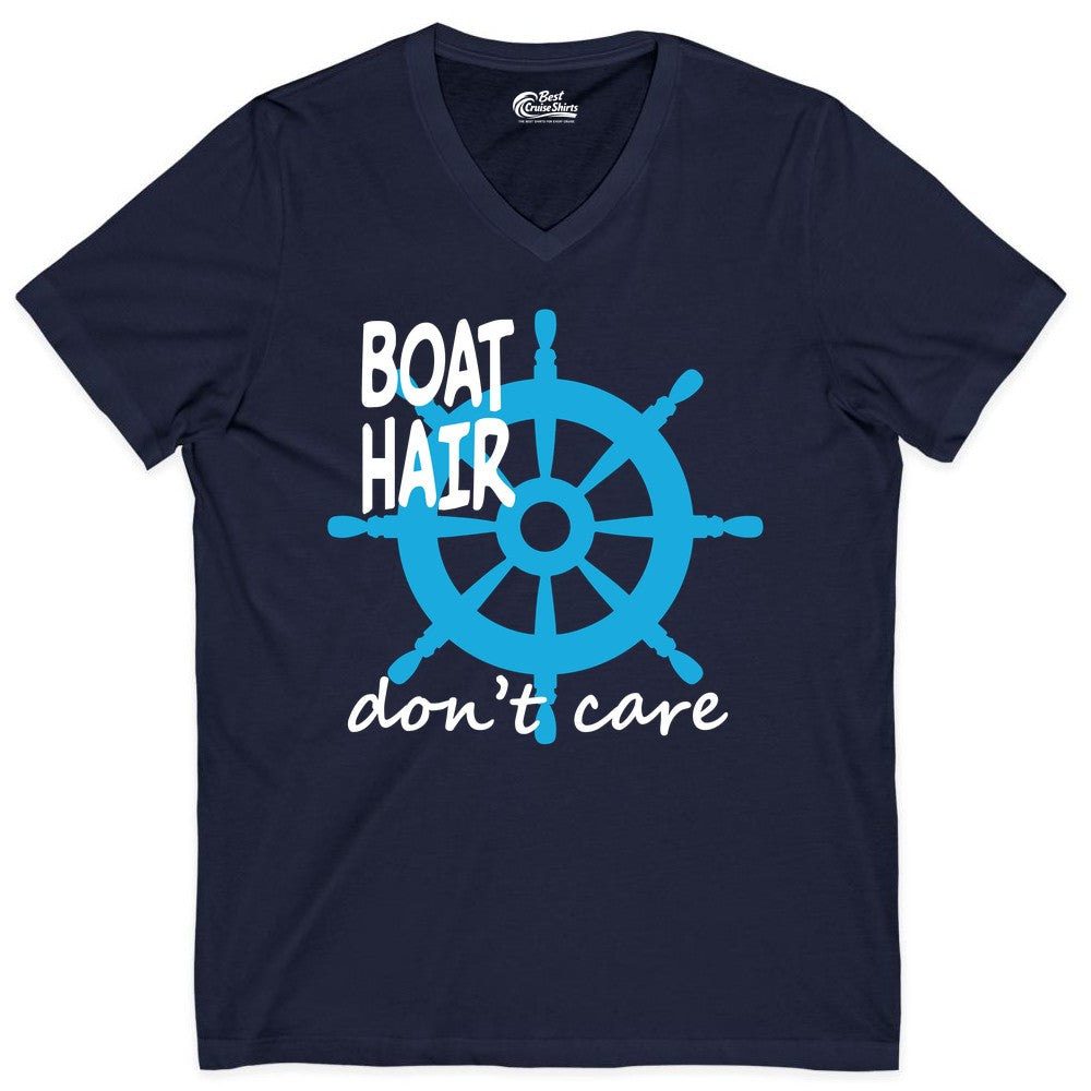 Boat Hair Don't Care Shirt - Funny Nautical T-Shirt for Boaters (V-Neck) in Navy - Boat Hair Don't Care Nautical Wheel Shirt for Lake and Marina