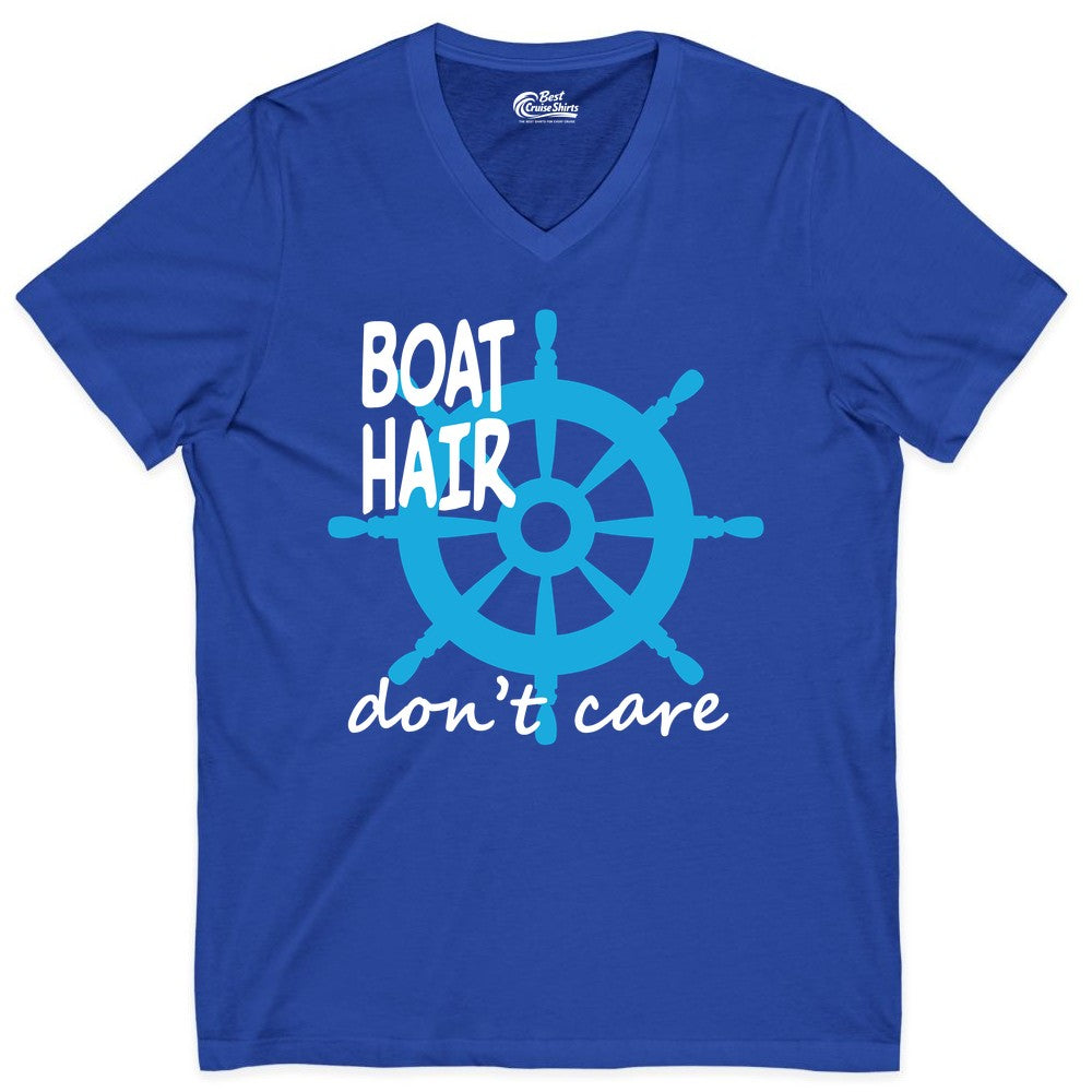 Boat Hair Don't Care Shirt - Funny Nautical T-Shirt for Boaters (V-Neck) in True Royal - Boat Hair Don't Care Nautical Wheel Shirt for Lake and Marina