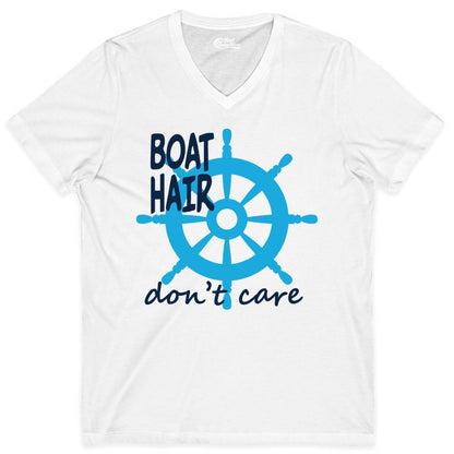 Boat Hair Don't Care Shirt - Funny Nautical T-Shirt for Boaters (V-Neck) in White - Boat Hair Don't Care Nautical Wheel Shirt for Lake and Marina