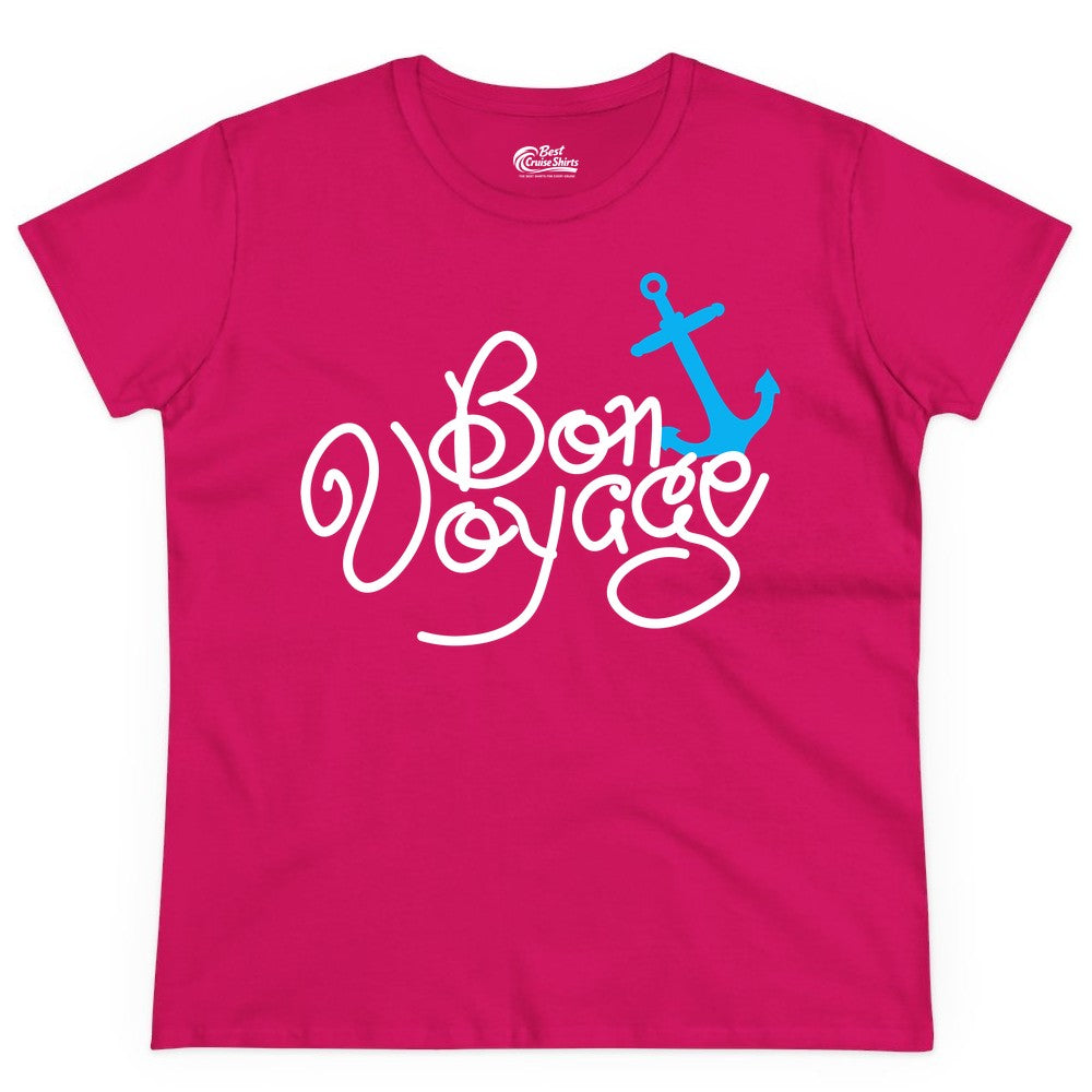 Bon Voyage Shirt - Nautical Anchor Cruise Shirt for Sailors Gift (Ladies Tee) in Heliconia - Bon Voyage Script Shirt - Nautical Anchor Farewell Cruise Tee