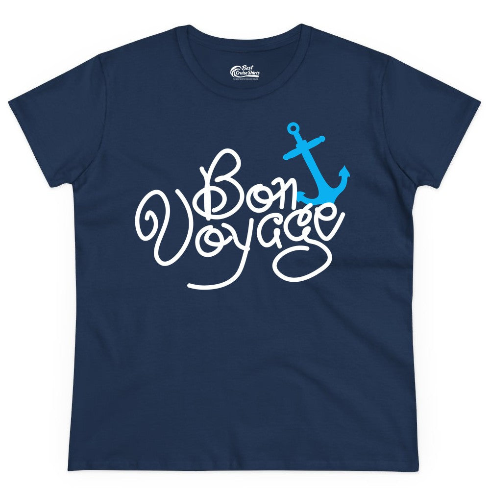 Bon Voyage Shirt - Nautical Anchor Cruise Shirt for Sailors Gift (Ladies Tee) in Navy - Bon Voyage Script Shirt - Nautical Anchor Farewell Cruise Tee