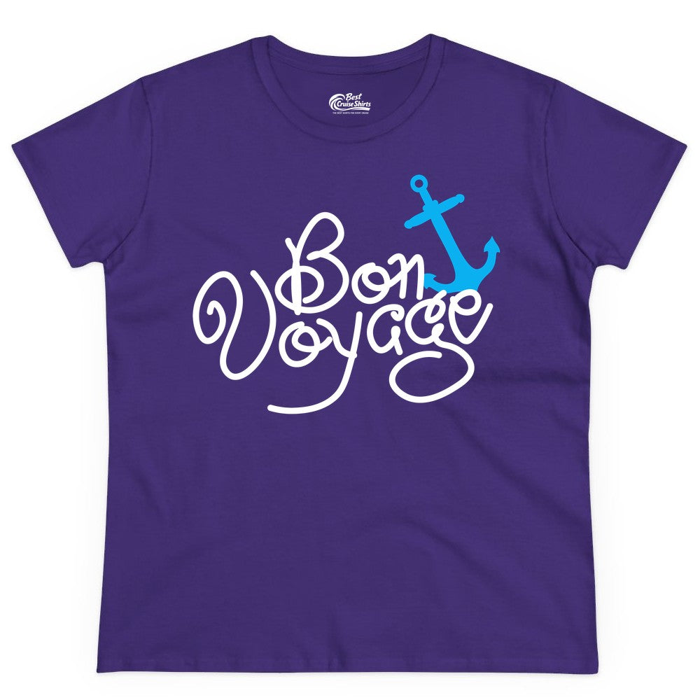 Bon Voyage Shirt - Nautical Anchor Cruise Shirt for Sailors Gift (Ladies Tee) in Purple - Bon Voyage Script Shirt - Nautical Anchor Farewell Cruise Tee