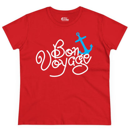 Bon Voyage Shirt - Nautical Anchor Cruise Shirt for Sailors Gift (Ladies Tee) in Red - Bon Voyage Script Shirt - Nautical Anchor Farewell Cruise Tee