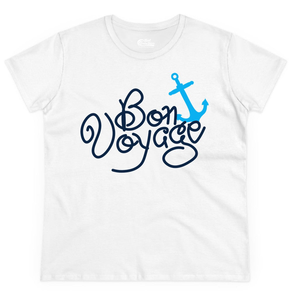 Bon Voyage Shirt - Nautical Anchor Cruise Shirt for Sailors Gift (Ladies Tee) in White - Bon Voyage Script Shirt - Nautical Anchor Farewell Cruise Tee