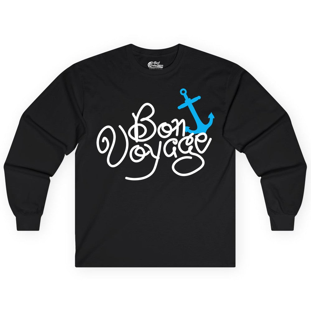 Bon Voyage Shirt - Nautical Anchor Cruise Shirt for Sailors Gift (Long Sleeve) in Black - Bon Voyage Script Shirt - Nautical Anchor Farewell Cruise Tee