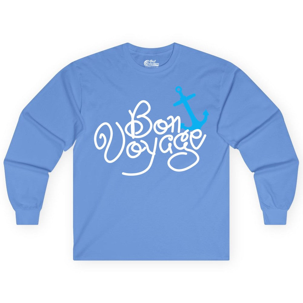 Bon Voyage Shirt - Nautical Anchor Cruise Shirt for Sailors Gift (Long Sleeve) in Carolina Blue - Bon Voyage Script Shirt - Nautical Anchor Farewell Cruise Tee