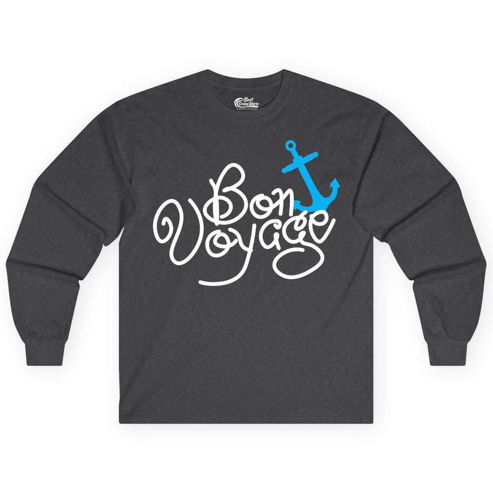 Bon Voyage Shirt - Nautical Anchor Cruise Shirt for Sailors Gift (Long Sleeve) in Dark Heather - Bon Voyage Script Shirt - Nautical Anchor Farewell Cruise Tee