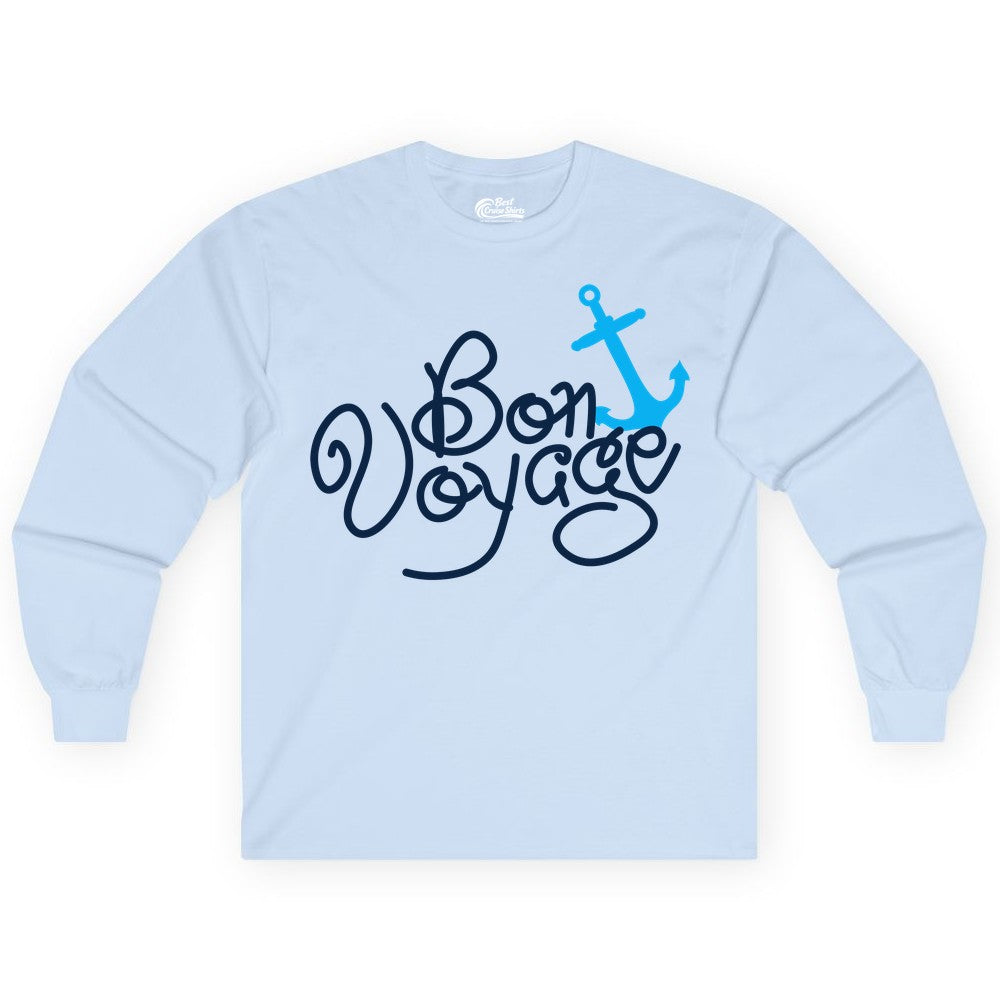 Bon Voyage Shirt - Nautical Anchor Cruise Shirt for Sailors Gift (Long Sleeve) in Light Blue - Bon Voyage Script Shirt - Nautical Anchor Farewell Cruise Tee