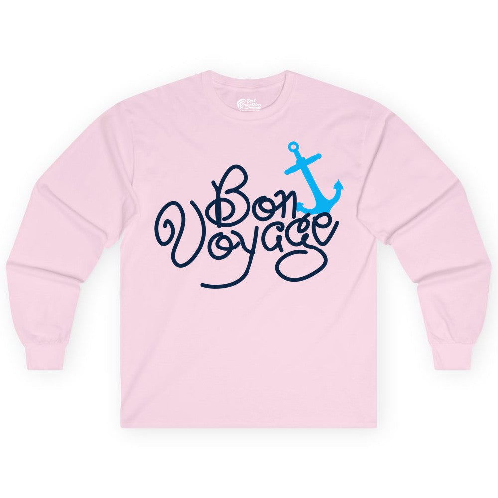 Bon Voyage Shirt - Nautical Anchor Cruise Shirt for Sailors Gift (Long Sleeve) in Light Pink - Bon Voyage Script Shirt - Nautical Anchor Farewell Cruise Tee