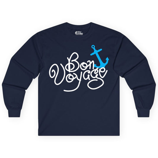 Bon Voyage Shirt - Nautical Anchor Cruise Shirt for Sailors Gift (Long Sleeve) in Navy - Bon Voyage Script Shirt - Nautical Anchor Farewell Cruise Tee