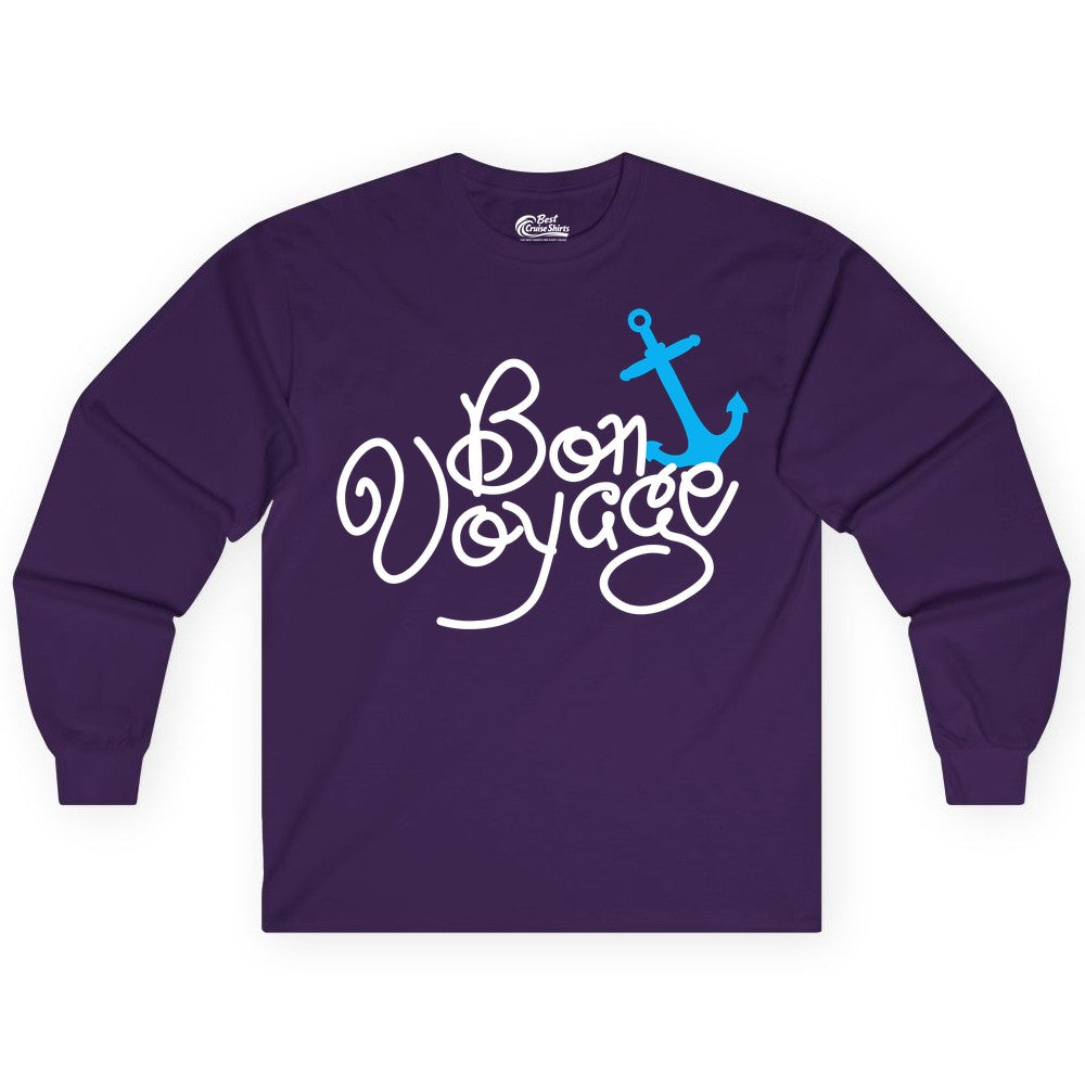 Bon Voyage Shirt - Nautical Anchor Cruise Shirt for Sailors Gift (Long Sleeve) in Purple - Bon Voyage Script Shirt - Nautical Anchor Farewell Cruise Tee