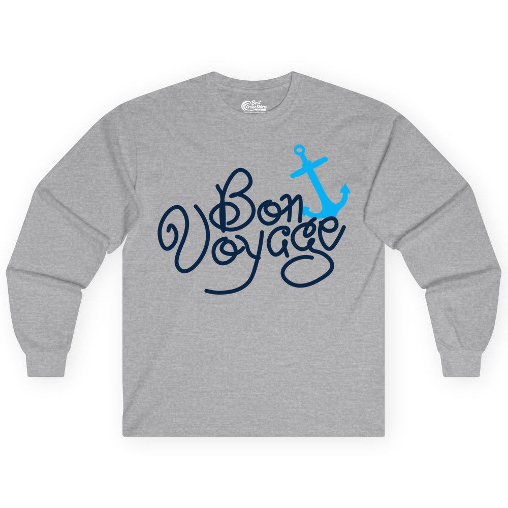 Bon Voyage Shirt - Nautical Anchor Cruise Shirt for Sailors Gift (Long Sleeve) in Sport Grey - Bon Voyage Script Shirt - Nautical Anchor Farewell Cruise Tee