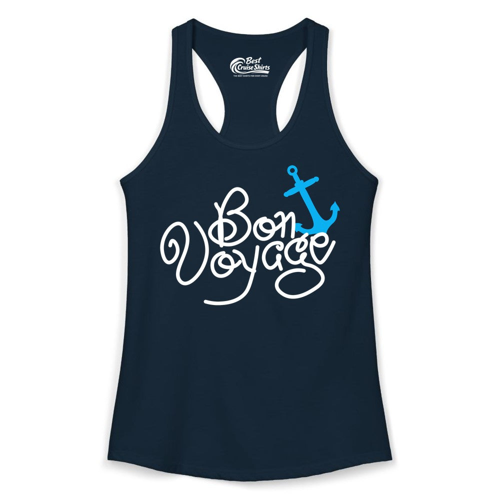 Bon Voyage Shirt - Nautical Anchor Cruise Shirt for Sailors Gift (Ladies Tank) in Solid Midnight Navy - Bon Voyage Script Shirt - Nautical Anchor Farewell Cruise Tee