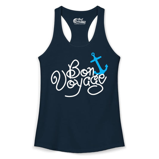 Bon Voyage Shirt - Nautical Anchor Cruise Shirt for Sailors Gift (Ladies Tank) in Solid Midnight Navy - Bon Voyage Script Shirt - Nautical Anchor Farewell Cruise Tee