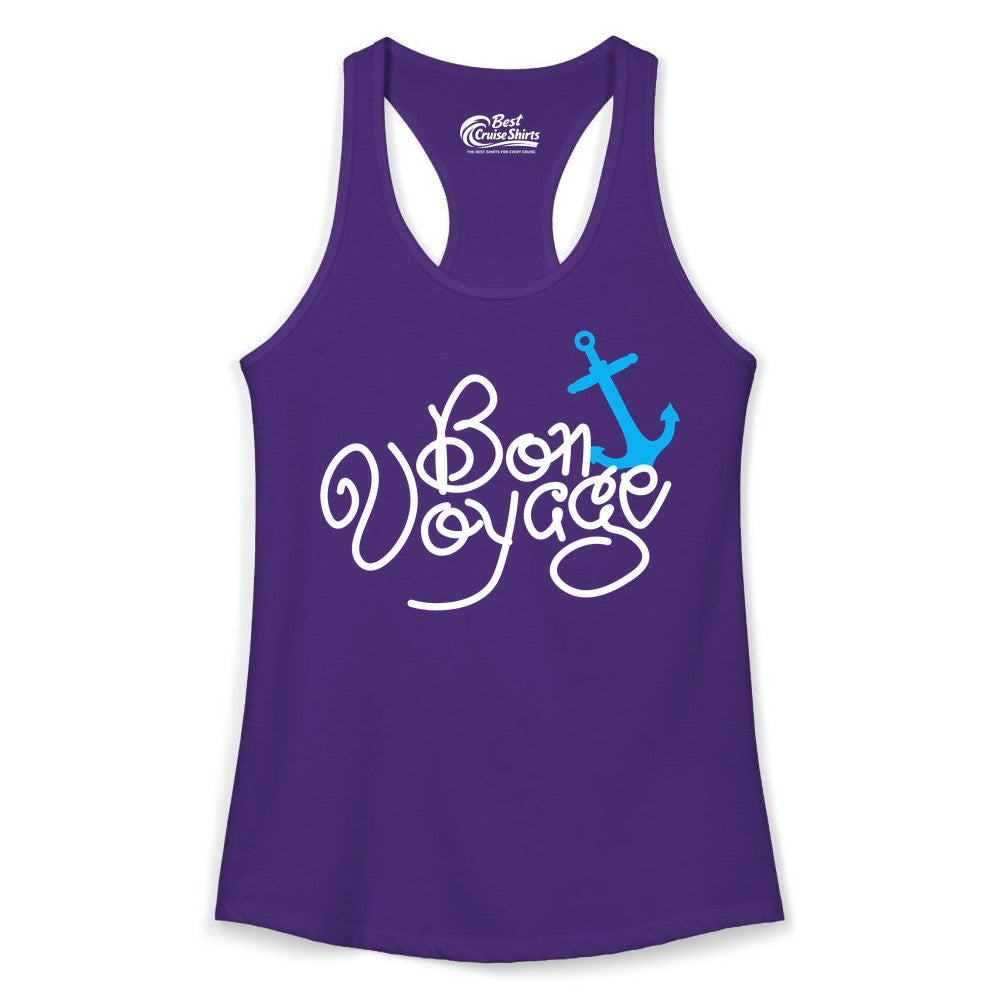 Bon Voyage Shirt - Nautical Anchor Cruise Shirt for Sailors Gift (Ladies Tank) in Solid Purple Rush - Bon Voyage Script Shirt - Nautical Anchor Farewell Cruise Tee