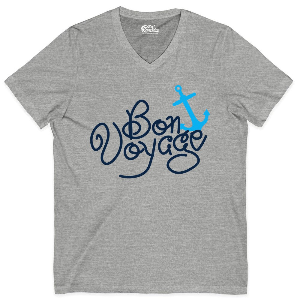 Bon Voyage Shirt - Nautical Anchor Cruise Shirt for Sailors Gift (V-Neck) in Athletic Heather - Bon Voyage Script Shirt - Nautical Anchor Farewell Cruise Tee