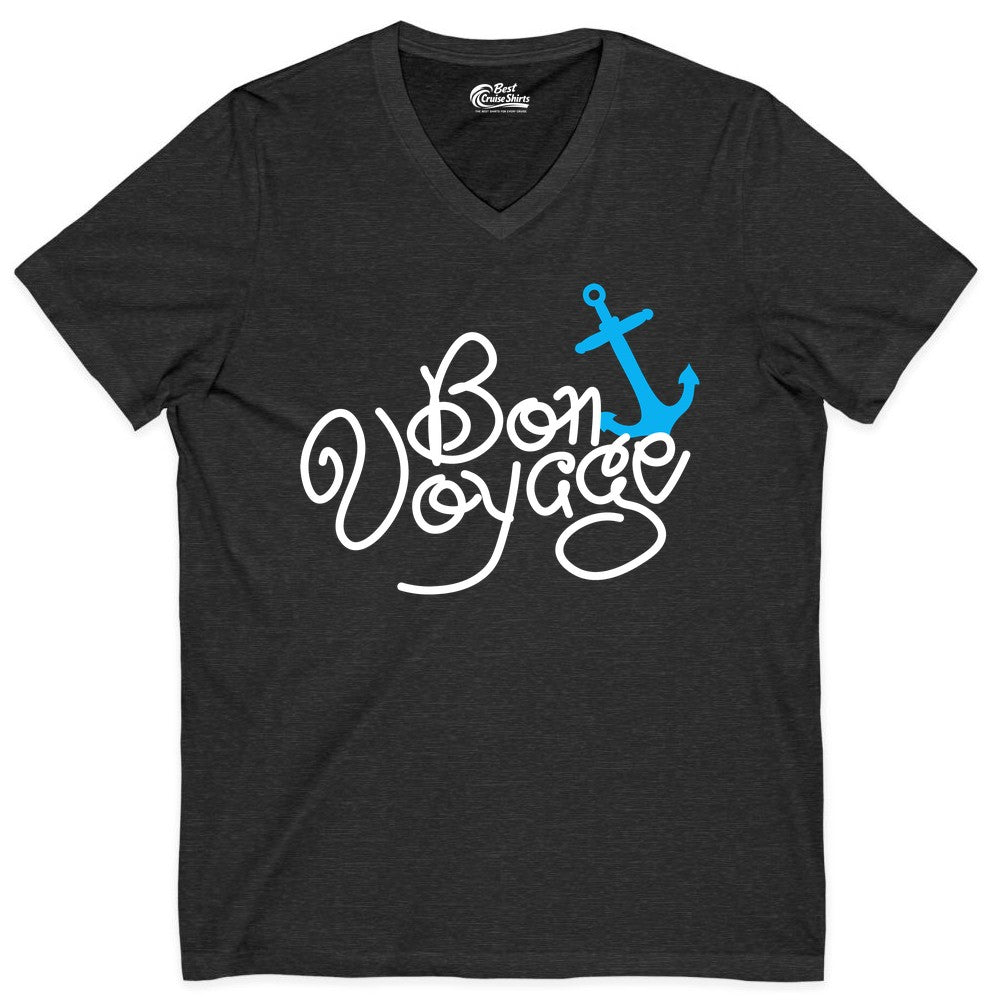 Bon Voyage Shirt - Nautical Anchor Cruise Shirt for Sailors Gift (V-Neck) in Dark Grey Heather - Bon Voyage Script Shirt - Nautical Anchor Farewell Cruise Tee