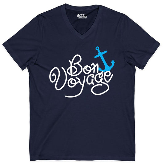 Bon Voyage Shirt - Nautical Anchor Cruise Shirt for Sailors Gift (V-Neck) in Navy - Bon Voyage Script Shirt - Nautical Anchor Farewell Cruise Tee