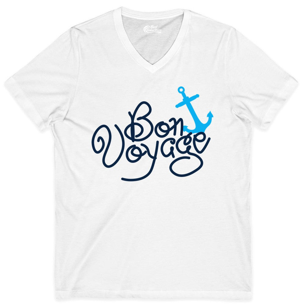Bon Voyage Shirt - Nautical Anchor Cruise Shirt for Sailors Gift (V-Neck) in White - Bon Voyage Script Shirt - Nautical Anchor Farewell Cruise Tee