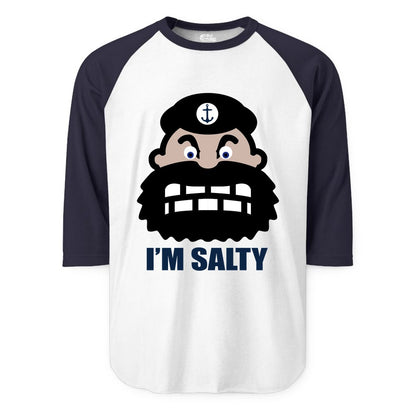 Im Salty Sailor Shirt - Nautical Humor Apparel - Funny Anchor Tee (Raglan) in WhiteNavy - Im Salty Sailor Cartoon Shirt - Funny Nautical Pun Anchor Tee