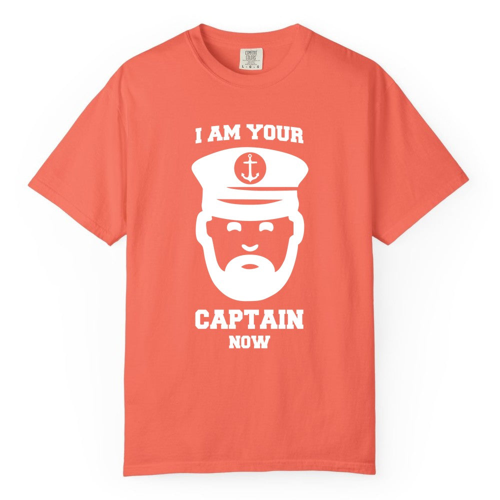 Funny Captain Shirt - Nautical Humor Tee for Boating Enthusiasts (Comfort Color) in Bright Salmon - Funny Captain Shirt - I Am Your Captain Now Nautical Beard Hat Tee