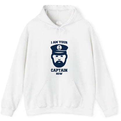 Funny Captain Shirt - Nautical Humor Tee for Boating Enthusiasts (Hoodie) in White - Funny Captain Shirt - I Am Your Captain Now Nautical Beard Hat Tee