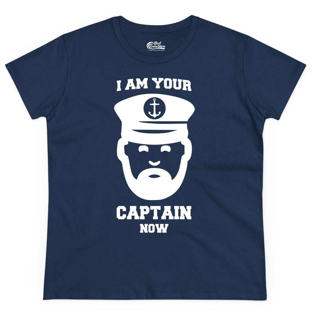 Funny Captain Shirt - Nautical Humor Tee for Boating Enthusiasts (Ladies Tee) in Navy - Funny Captain Shirt - I Am Your Captain Now Nautical Beard Hat Tee
