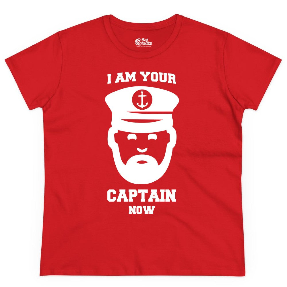 Funny Captain Shirt - Nautical Humor Tee for Boating Enthusiasts (Ladies Tee) in Red - Funny Captain Shirt - I Am Your Captain Now Nautical Beard Hat Tee