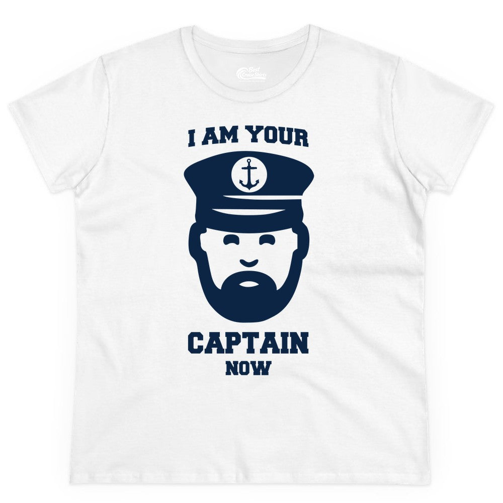 Funny Captain Shirt - Nautical Humor Tee for Boating Enthusiasts (Ladies Tee) in White - Funny Captain Shirt - I Am Your Captain Now Nautical Beard Hat Tee