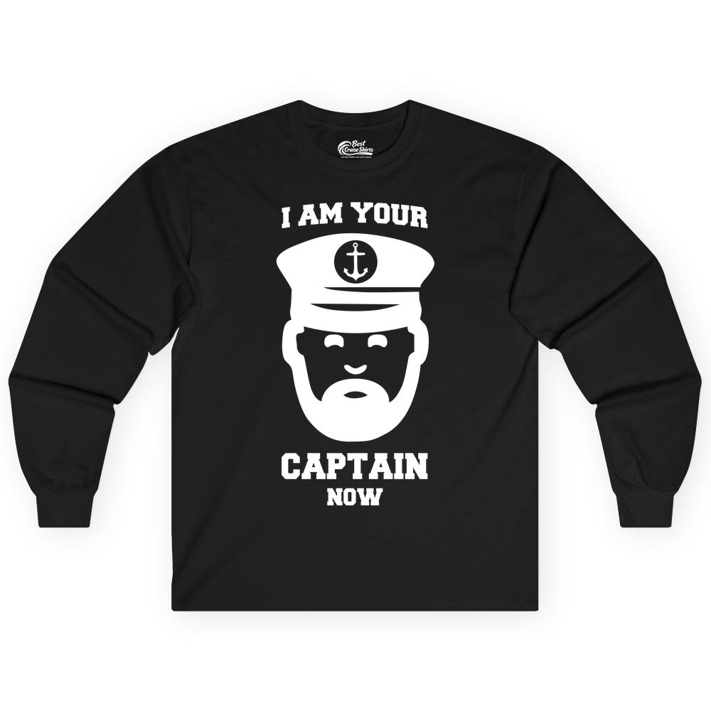 Funny Captain Shirt - Nautical Humor Tee for Boating Enthusiasts (Long Sleeve) in Black - Funny Captain Shirt - I Am Your Captain Now Nautical Beard Hat Tee