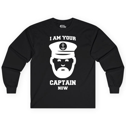 Funny Captain Shirt - Nautical Humor Tee for Boating Enthusiasts (Long Sleeve) in Black - Funny Captain Shirt - I Am Your Captain Now Nautical Beard Hat Tee