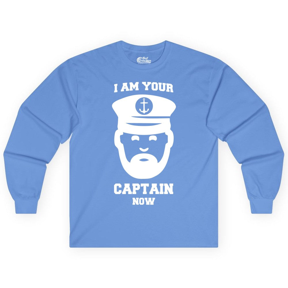 Funny Captain Shirt - Nautical Humor Tee for Boating Enthusiasts (Long Sleeve) in Carolina Blue - Funny Captain Shirt - I Am Your Captain Now Nautical Beard Hat Tee