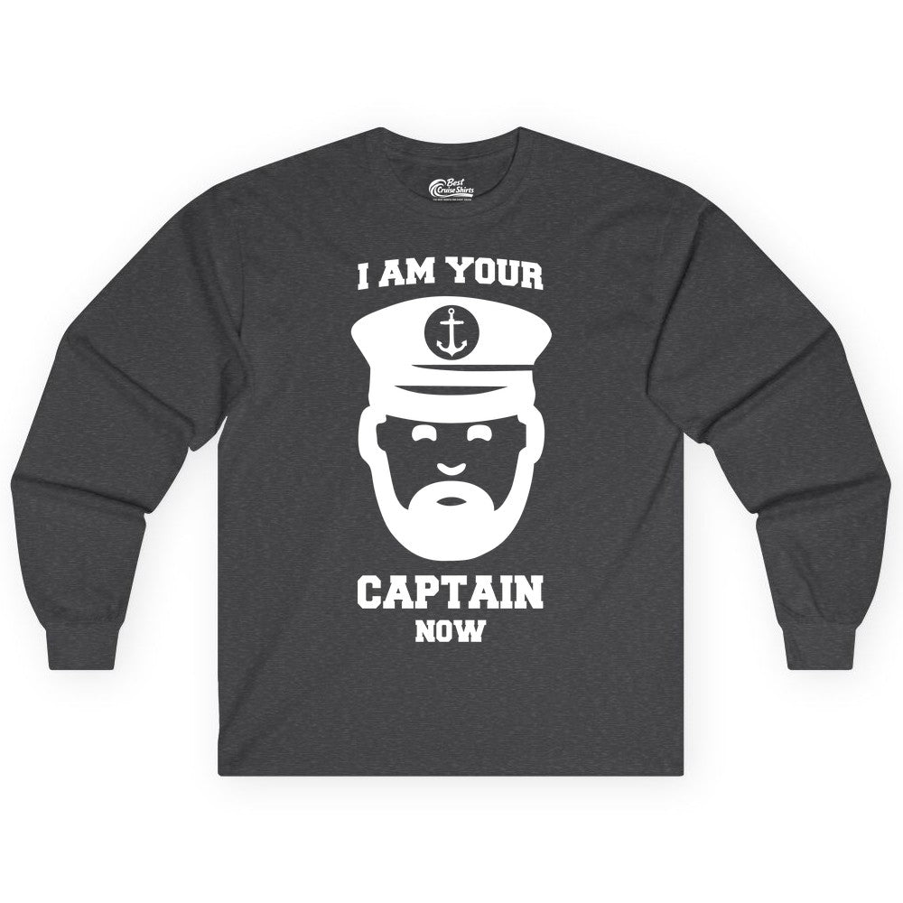 Funny Captain Shirt - Nautical Humor Tee for Boating Enthusiasts (Long Sleeve) in Dark Heather - Funny Captain Shirt - I Am Your Captain Now Nautical Beard Hat Tee