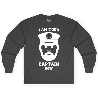 Funny Captain Shirt - Nautical Humor Tee for Boating Enthusiasts (Long Sleeve) in Dark Heather - Funny Captain Shirt - I Am Your Captain Now Nautical Beard Hat Tee