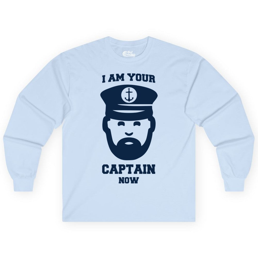 Funny Captain Shirt - Nautical Humor Tee for Boating Enthusiasts (Long Sleeve) in Light Blue - Funny Captain Shirt - I Am Your Captain Now Nautical Beard Hat Tee