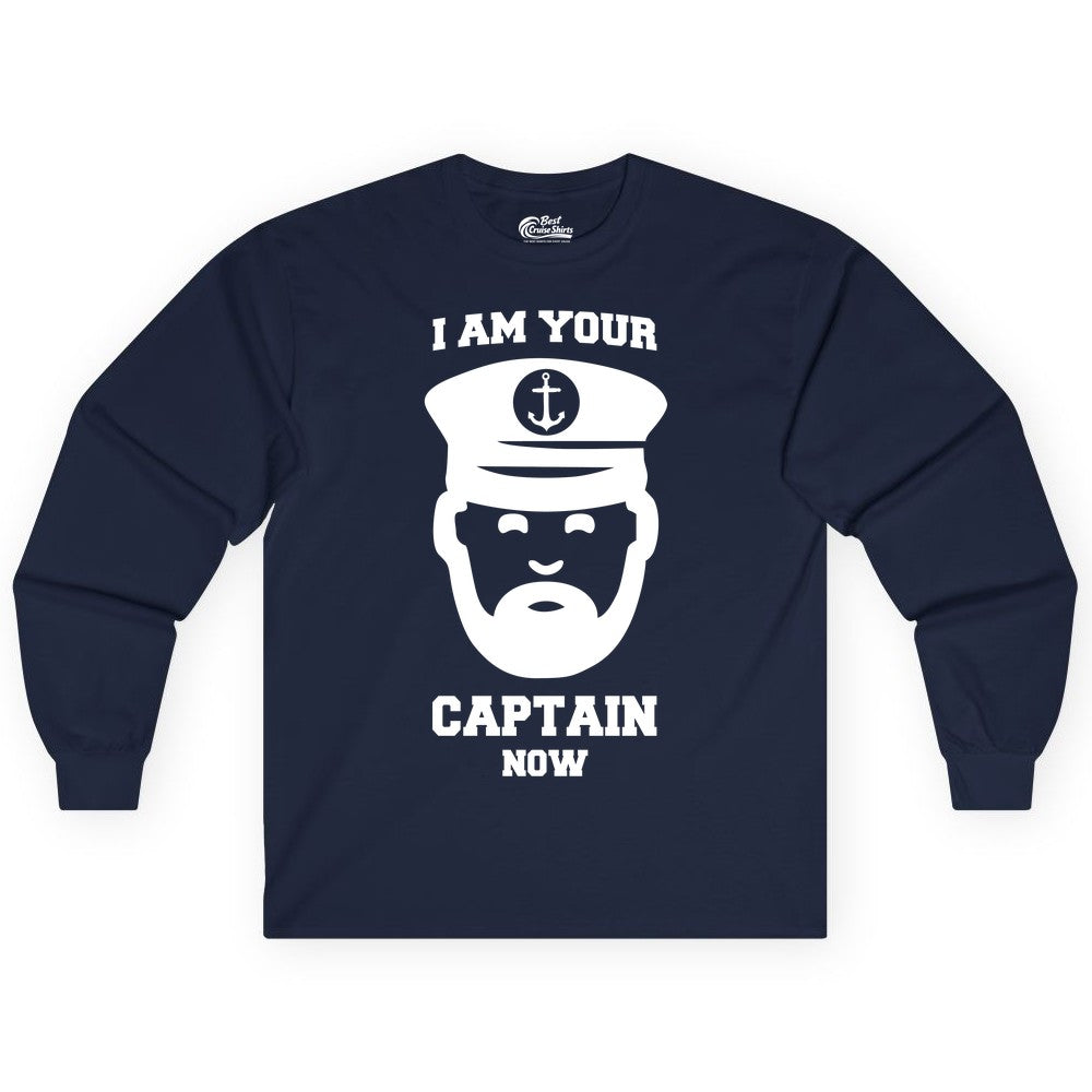 Funny Captain Shirt - Nautical Humor Tee for Boating Enthusiasts (Long Sleeve) in Navy - Funny Captain Shirt - I Am Your Captain Now Nautical Beard Hat Tee