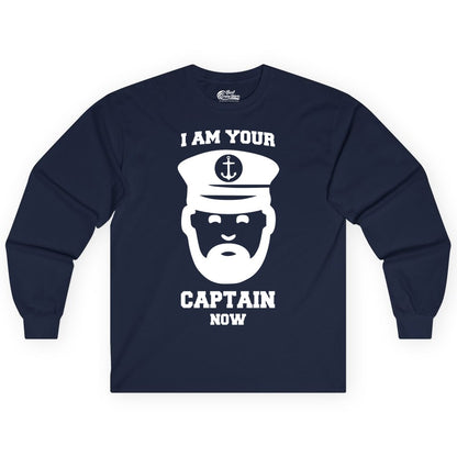 Funny Captain Shirt - Nautical Humor Tee for Boating Enthusiasts (Long Sleeve) in Navy - Funny Captain Shirt - I Am Your Captain Now Nautical Beard Hat Tee