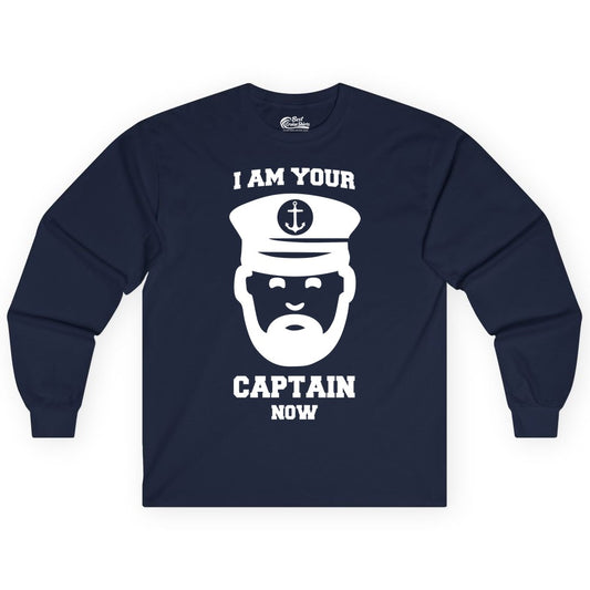 Funny Captain Shirt - Nautical Humor Tee for Boating Enthusiasts (Long Sleeve) in Navy - Funny Captain Shirt - I Am Your Captain Now Nautical Beard Hat Tee