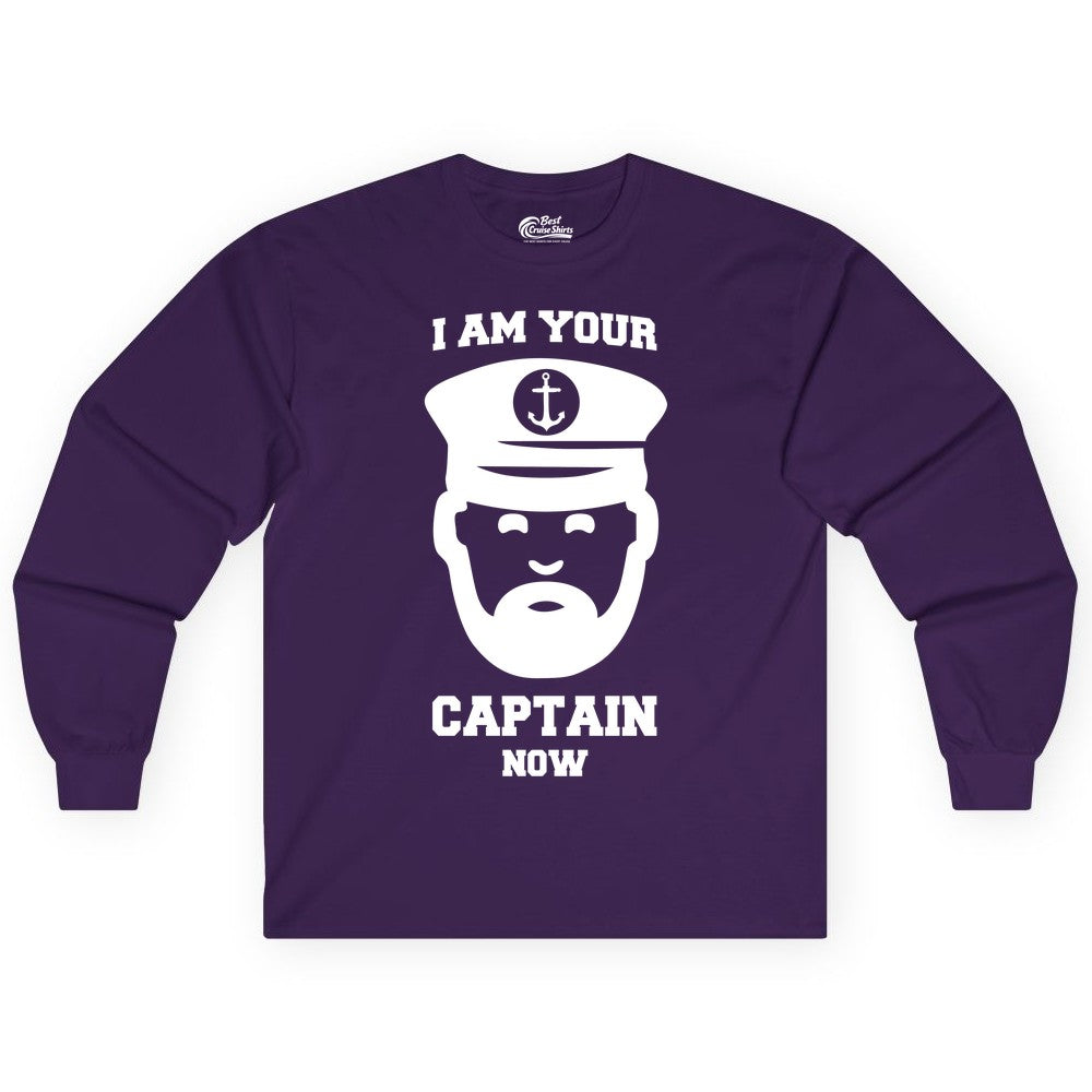 Funny Captain Shirt - Nautical Humor Tee for Boating Enthusiasts (Long Sleeve) in Purple - Funny Captain Shirt - I Am Your Captain Now Nautical Beard Hat Tee