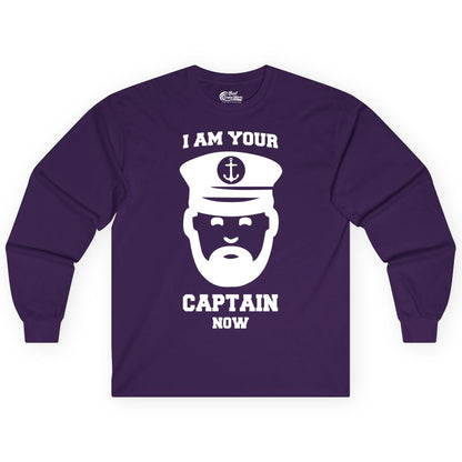 Funny Captain Shirt - Nautical Humor Tee for Boating Enthusiasts (Long Sleeve) in Purple - Funny Captain Shirt - I Am Your Captain Now Nautical Beard Hat Tee